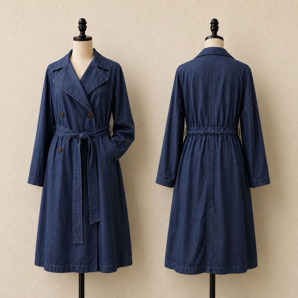 ON 34TH Blue Double Breasted Belted Long Trench Coat Office Classic Large